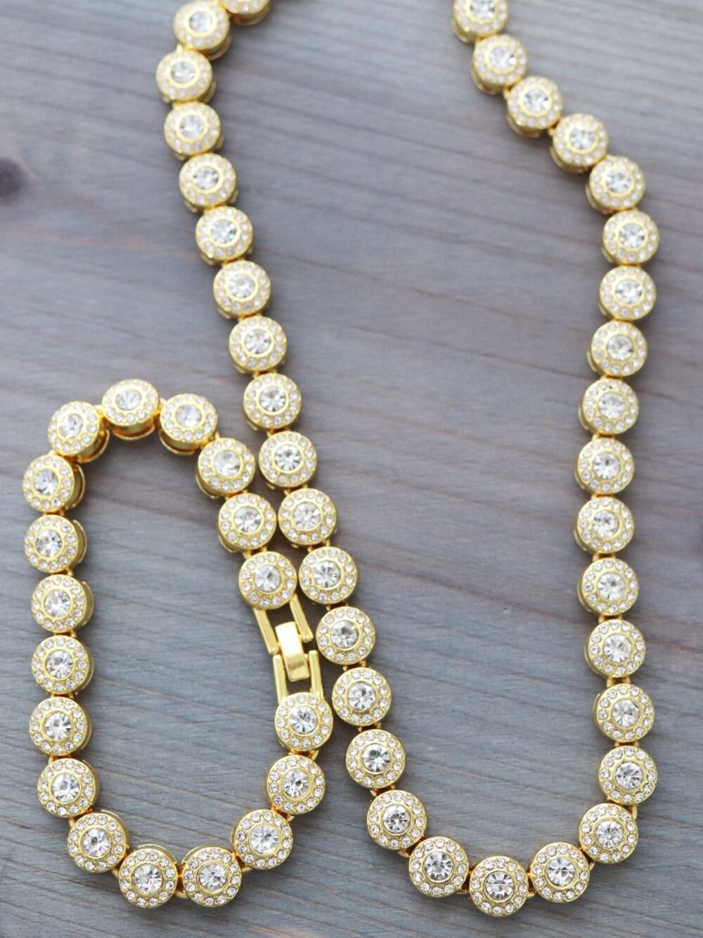 Round Halo Cluster CZ Diamond Tennis Style Necklace/Bracelet Jewelry Sets 18k GP